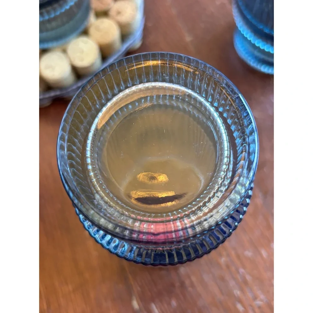 Vintage Blue Ribbed Highball Glasses Set of 4 Stackable Fluted Tumblers 6 inch